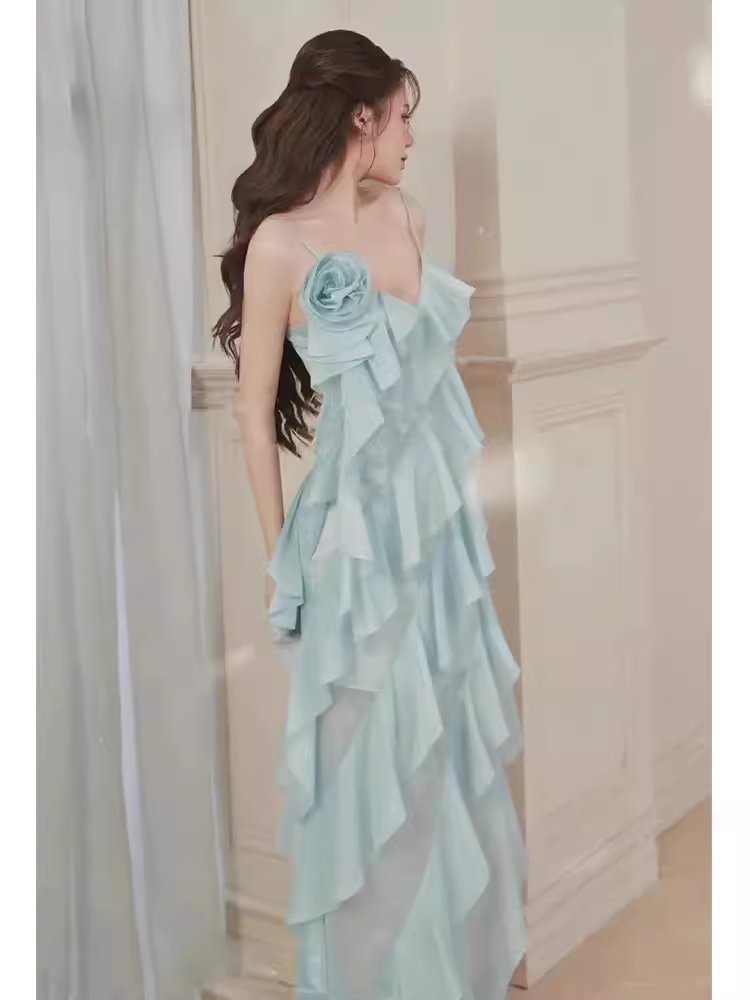 Simple A Line Spaghetti Straps Sleeveless Slit Chiffon Prom Dress C970