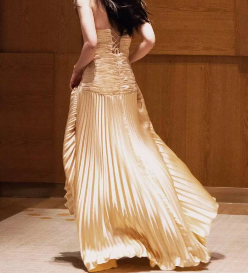 Alluring Strapless Gold Prom Dress Pleated A-Line Evening Dress C9710