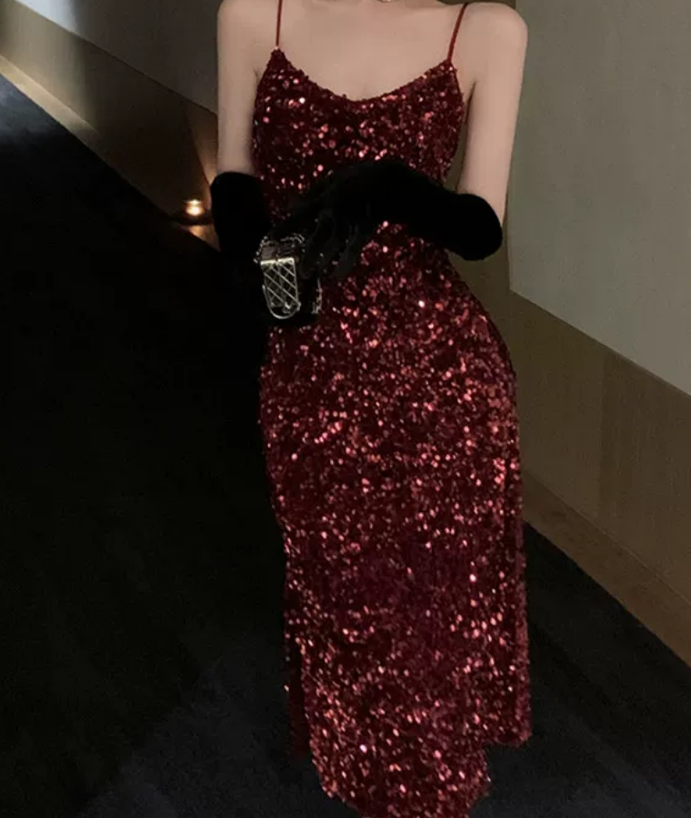 Shiny Spaghetti Straps Homecoming Dress Red Sequins Sheath Party Dress C9713