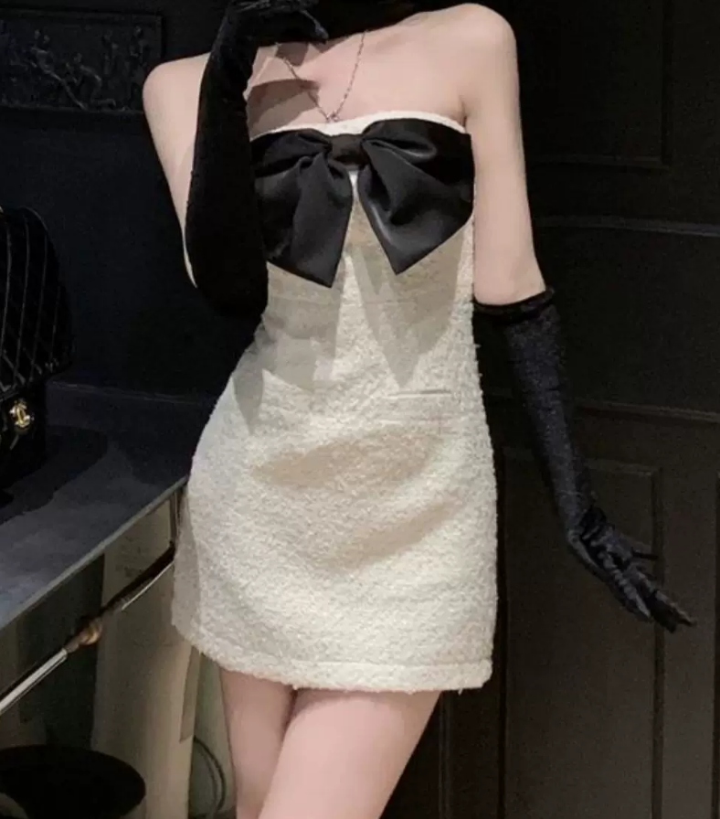 Cute Strapless Bow Mini Dress White Bodycon Short Dress C9719