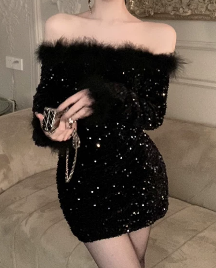 Lovely Off-Shoulder Black Mini Dress Sequins Feather Long Sleeve Bodycon Short Dress C9731