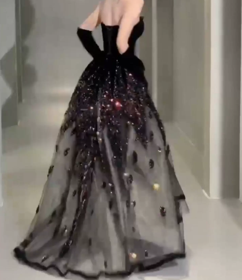 Ornate Strapless Prom Dress Black Sequins A-Line Evening Dress C9732