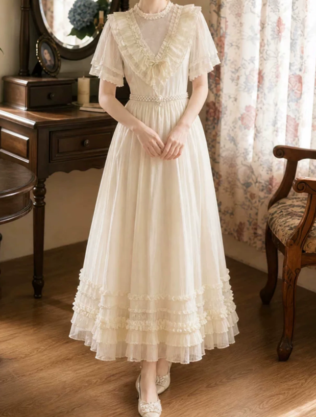 Lovely Short Sleeve Ivory Prom Dress Ruffles A-Line Evening Dress C9744