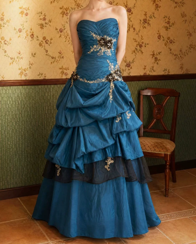 Vintage Sweetheart Blue Prom Dress Appliques Sequins Tiered A-Line Evening Dress C9745