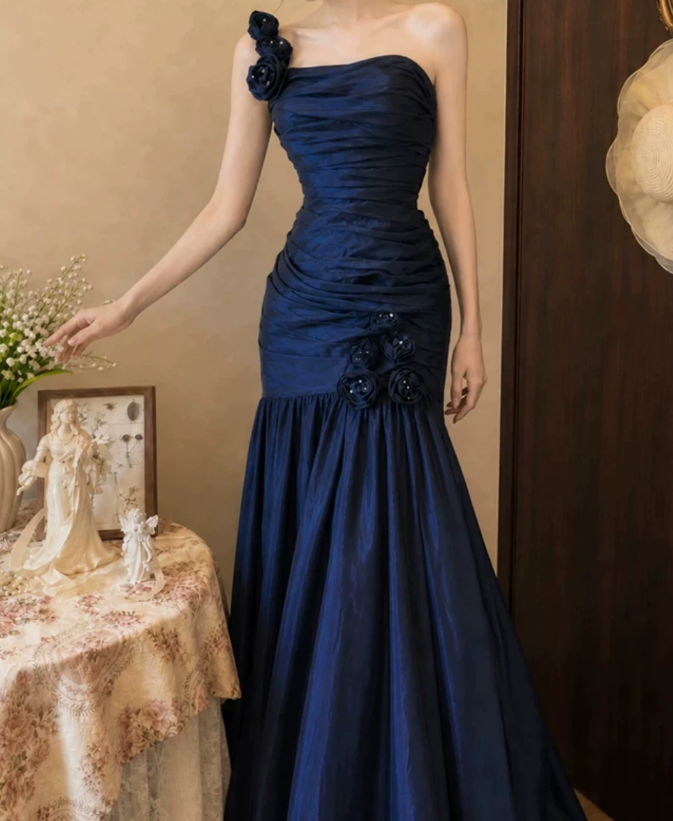 Charming One Shoulder Blue Prom Dress Flowers Satin Mermaid Evening Dress C9752