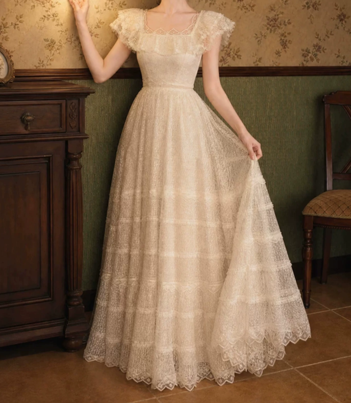 Romantic Square Neck Ivory Prom Dress Lace Ruffles A-Line Evening Dress C9759