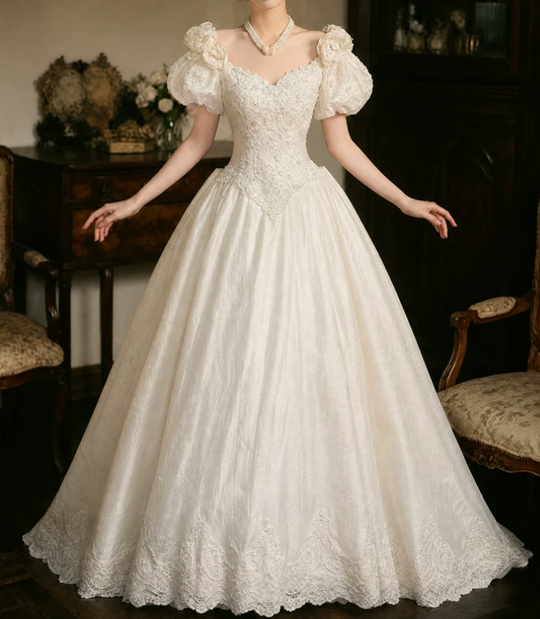 Romantic Short Sleeve Ivory Ball Gown Square Neck Appliques Sweet 16 Dresses C9769