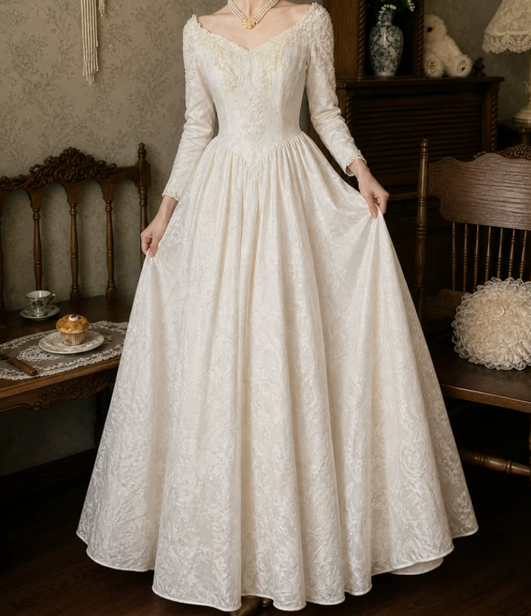 Fascinating V Neck Wedding Dresses Long Sleeve Appliques A-Line Bridal Dress C9784