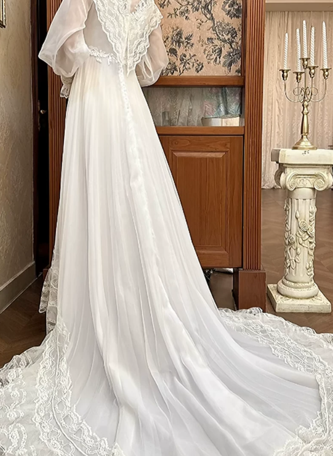Charming Lace White Prom Dress Long Sleeve A-Line Evening Dress C9805