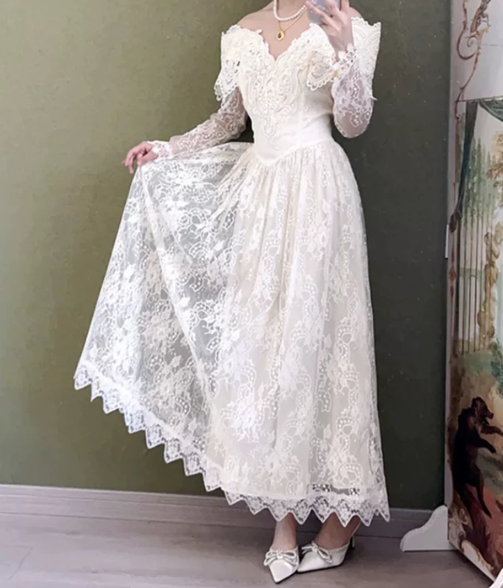 Unique Off-Shoulder Wedding Dresses Long Sleeve Lace A-Line Bridal Dress C9833