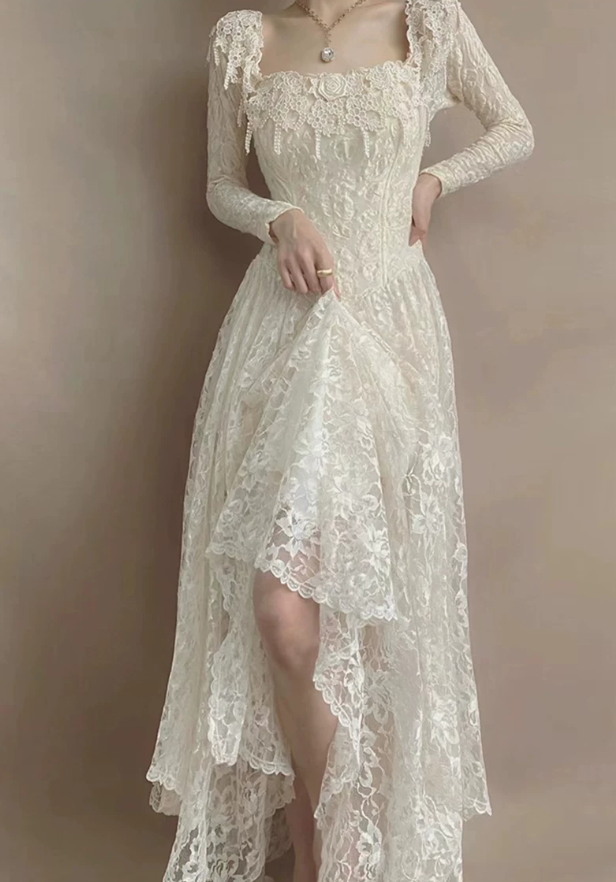 Attractive Square Neck White Prom Dress Appliques Long Sleeve A-Line Evening Dress C9838