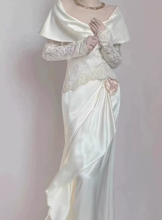 Alluring U Neck White Prom Dress Lace Satin Long Sleeve Sheath Evening Dress C9839