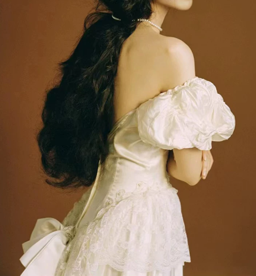 Enchanting Off-Shoulder Lace Wedding Dresses Satin Short Sleeve A-Line Bridal Dress C9847