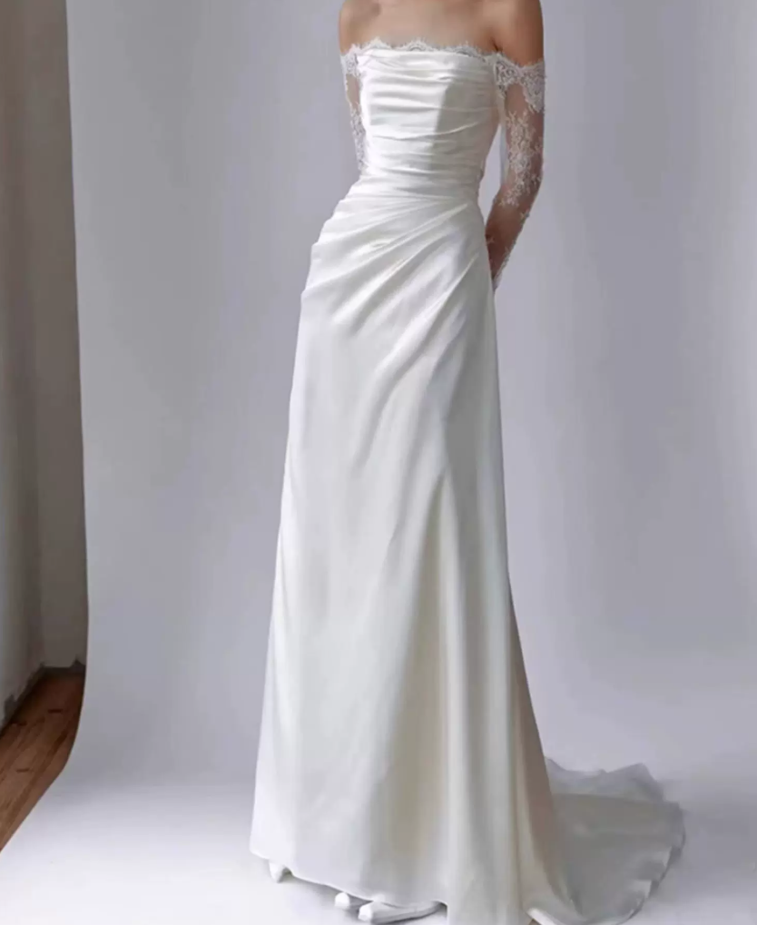 Superbe robe de mariée sirène bustier en satin et tulle, longue et en dentelle, C4563