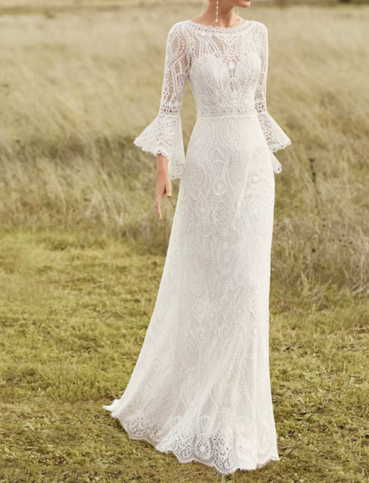 Classical Jewel Neck Backless Wedding Dresses Long Sleeve Lace A-Line Bridal Dress C9875