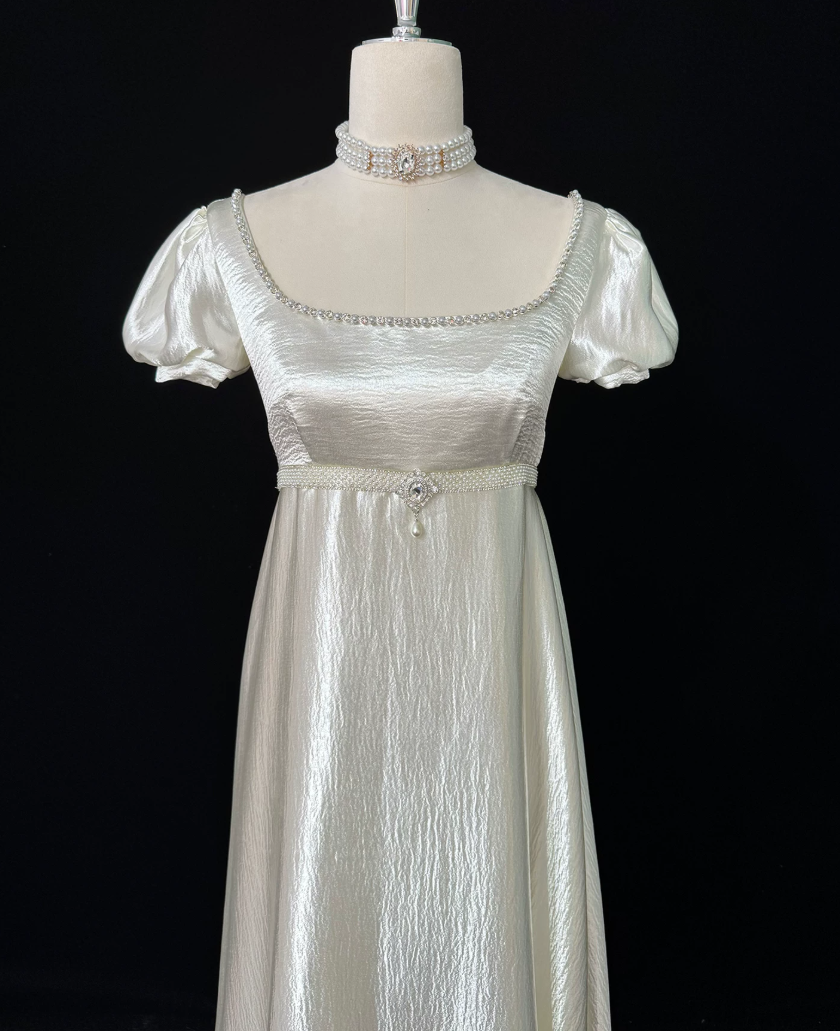 Alluring Square Neck Beads Prom Dress Ivory Satin A-Line Evening Dress C9891