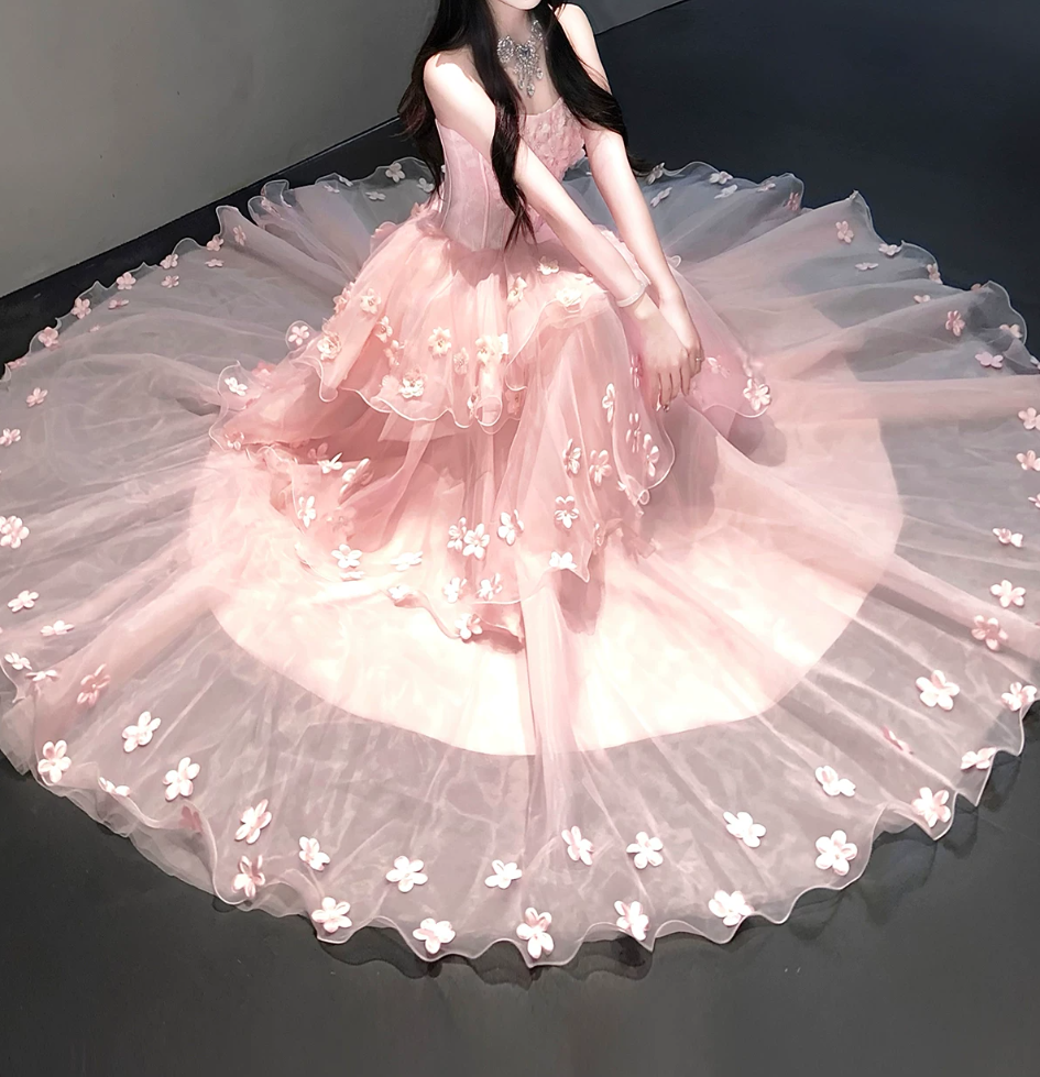 Adorable Strapless Pink Prom Dress Appliques Beads Tiered A-Line Evening Dress C9892