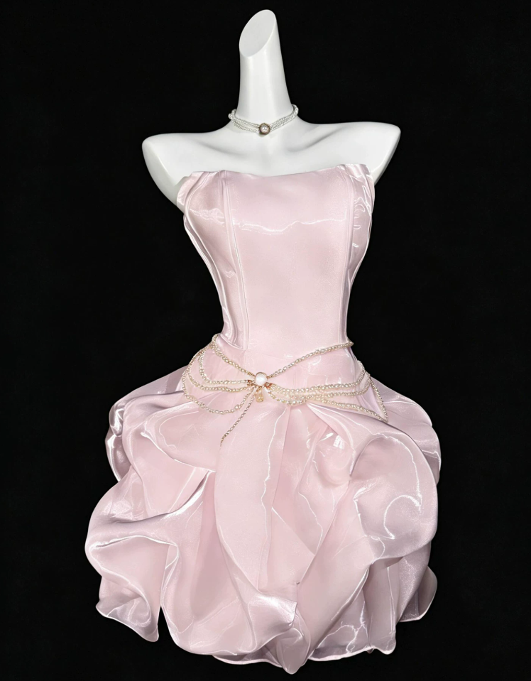 Trendy Strapless Homecoming Dress Ruffles Satin A-Line Birthday Dress C9893