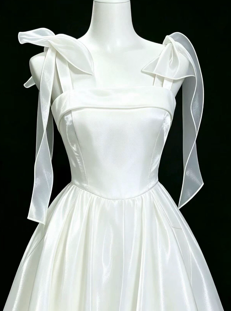 Enchanting Spaghetti Straps Prom Dress White Satin A-Line Evening Dress C9894