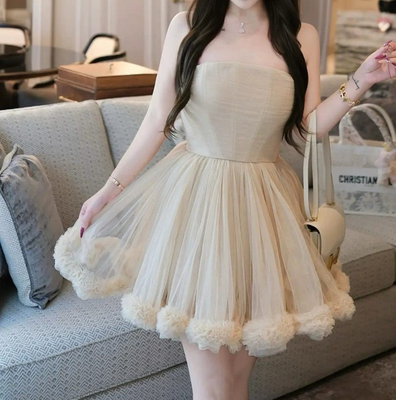 Vintage Strapless Beige Homecoming Dress Tulle A-Line Birthday Dress C9905