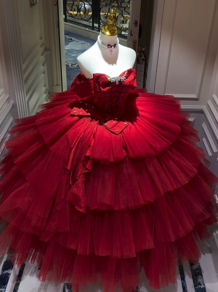 Alluring Off-Shoulder Tiered Prom Dress Red Tulle A-Line Beaded Evening Dress C9911