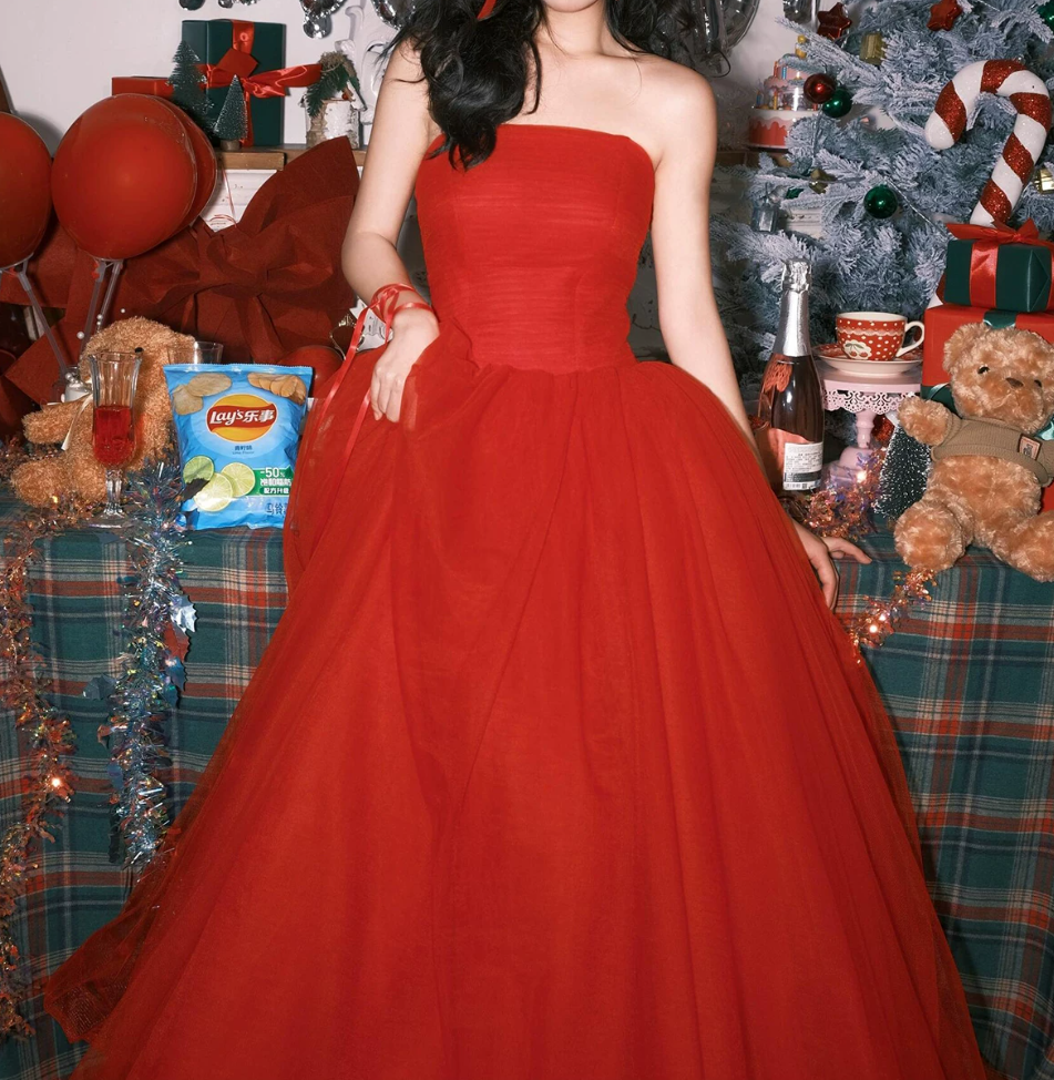 Chic Strapless Red Prom Dress Tulle A-Line Evening Dress C9936