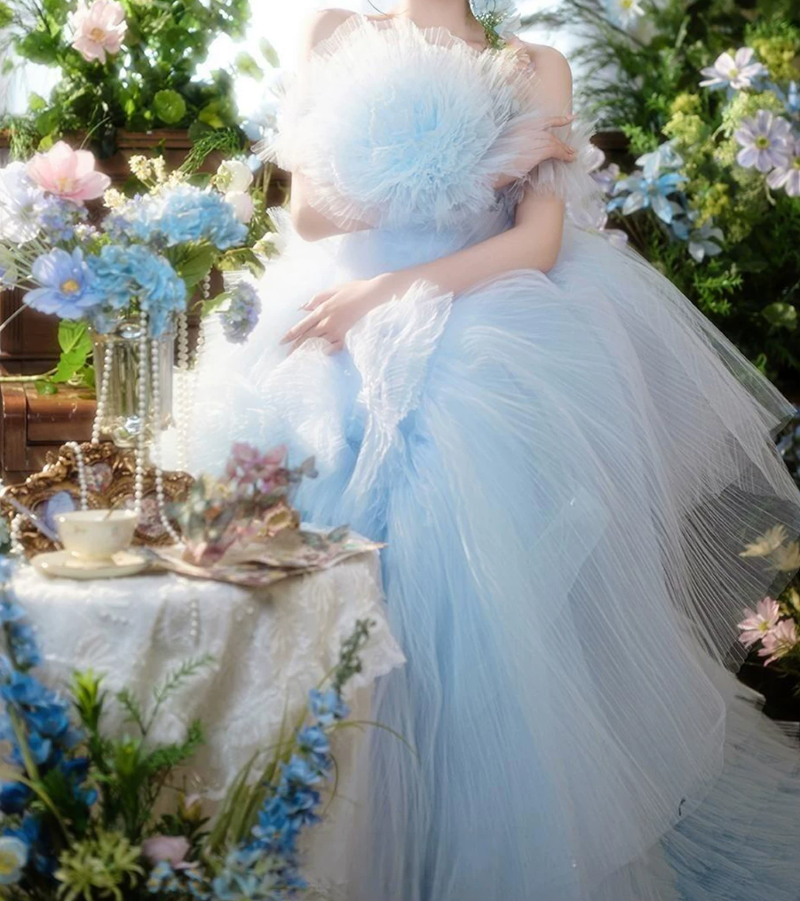 Ethereal Off-Shoulder Blue Homecoming Dress Tulle A-Line Birthday Dress C9940