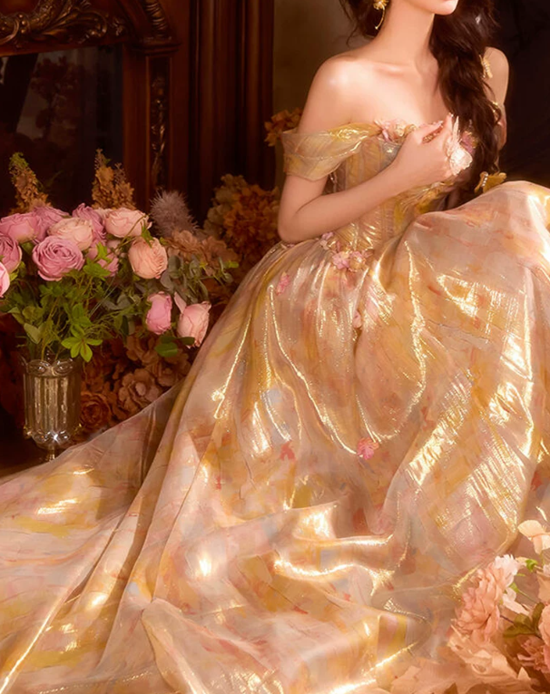 Trendy Off-Shoulder Gold Homecoming Dress Appliques A-Line Birthday Dress C9942