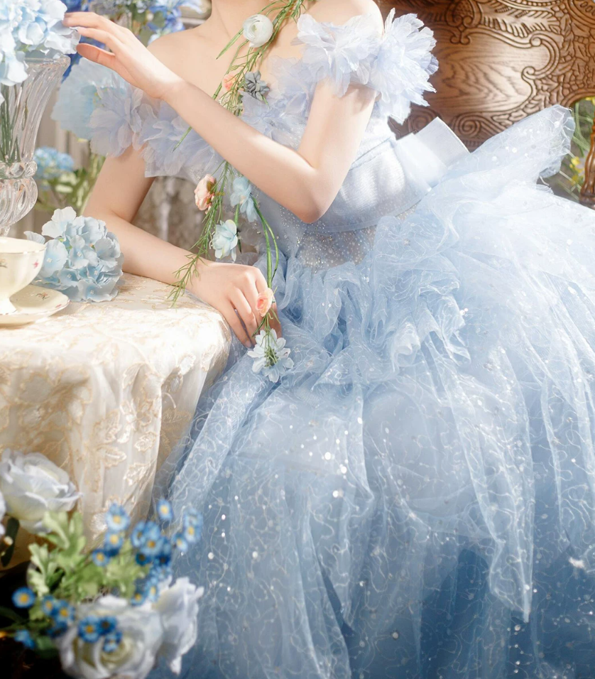 Fascinating Off-Shoulder Blue Prom Dress Sequins Ruffles A-Line Evening Dress C9958