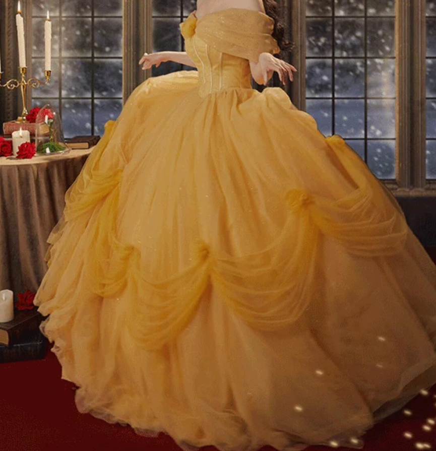 Cute Off-Shoulder Yellow Prom Dress Sequins Tulle A-Line Evening Dress C9981