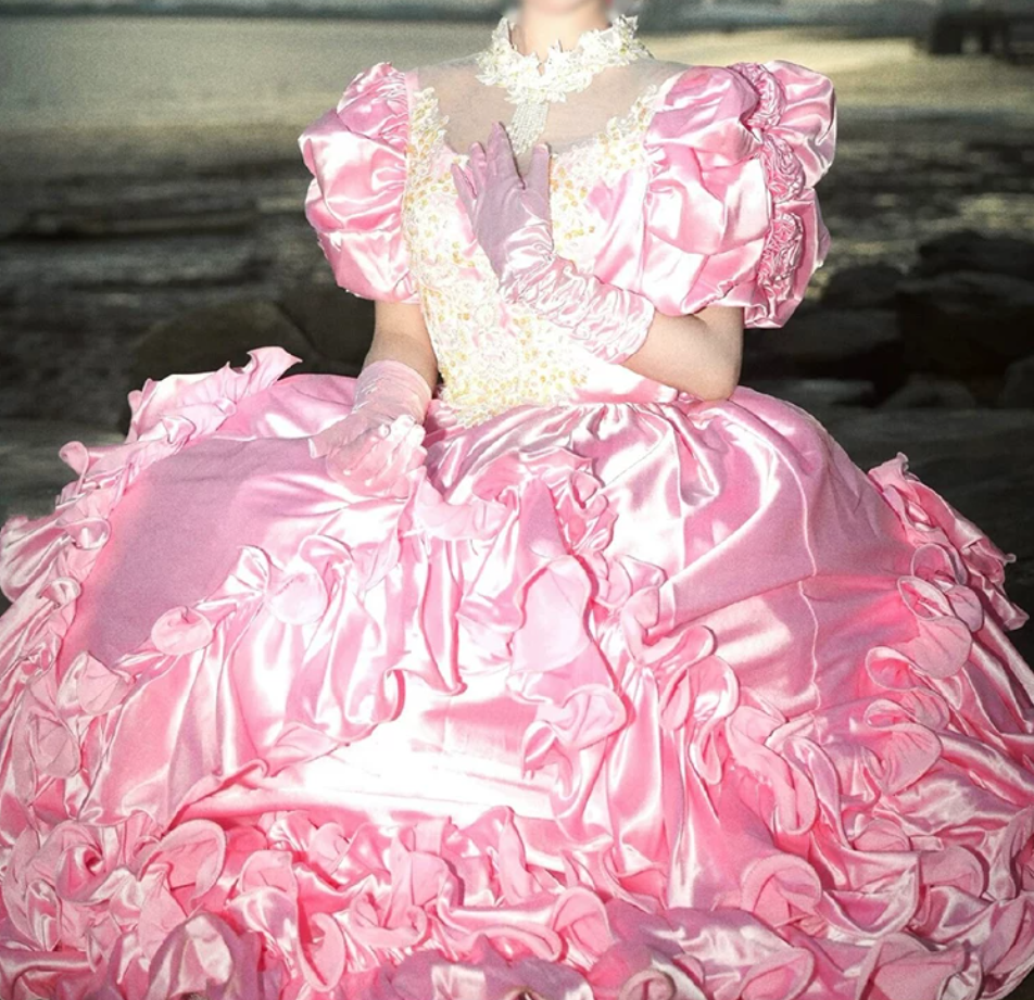 Vintage Jewel Neck Pink Prom Dress Sequins Ruffles Tiered A-Line Evening Dress C9990