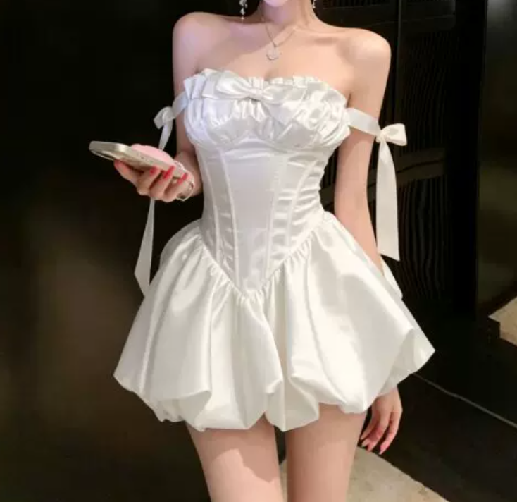 Graceful Off-Shoulder Mini Dress Bow White Satin A-Line Short Dress C9999