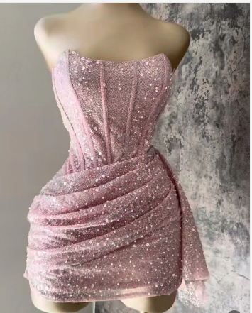 Sexy Sheath Strapless Pink Sequin Homecoming Dresses Short Birthday Outfits C2607