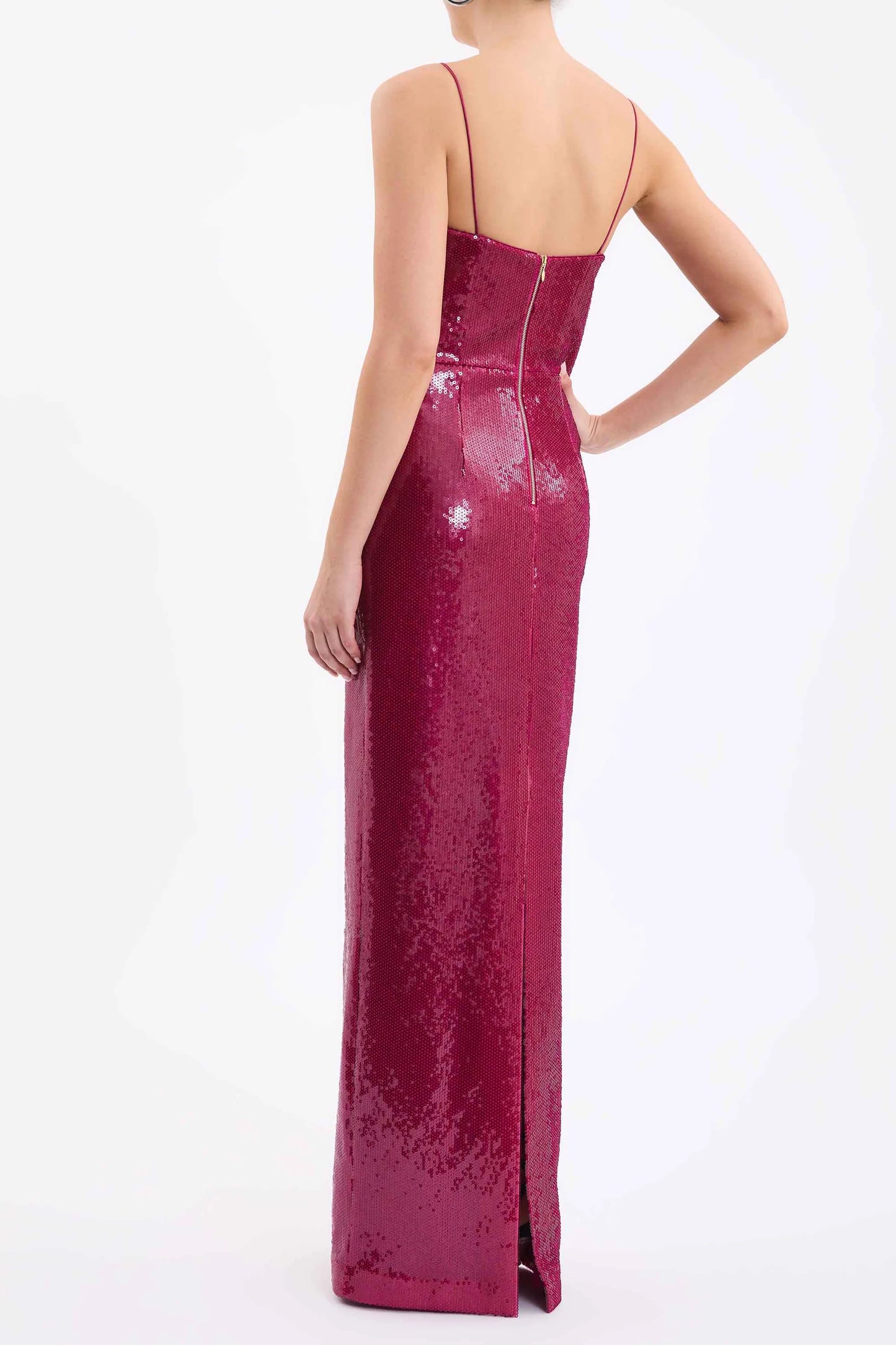 Robe de soirée sexy à bretelles spaghetti bordeaux sans manches et longue robe de bal à paillettes C2154