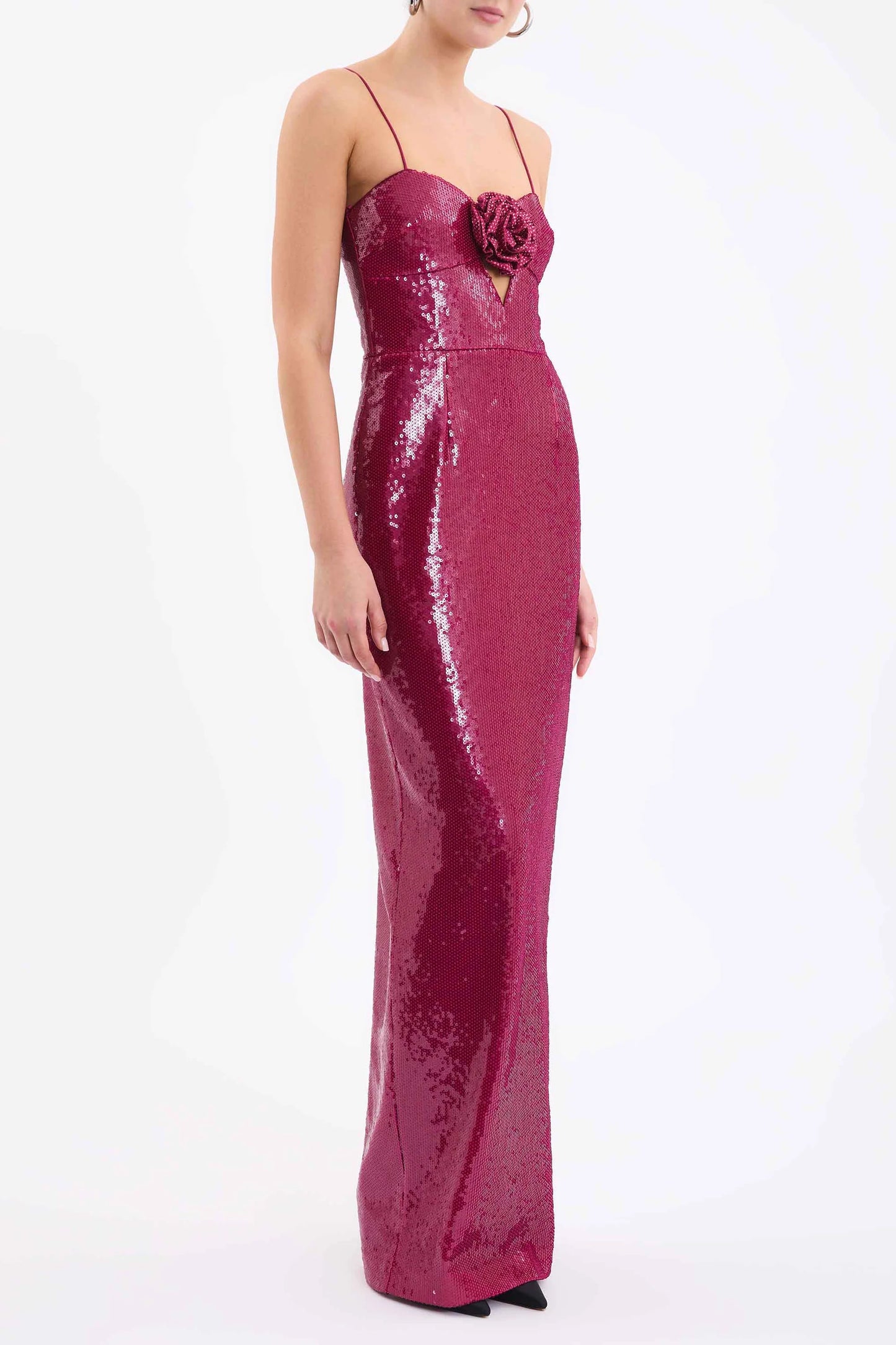 Robe de soirée sexy à bretelles spaghetti bordeaux sans manches et longue robe de bal à paillettes C2154