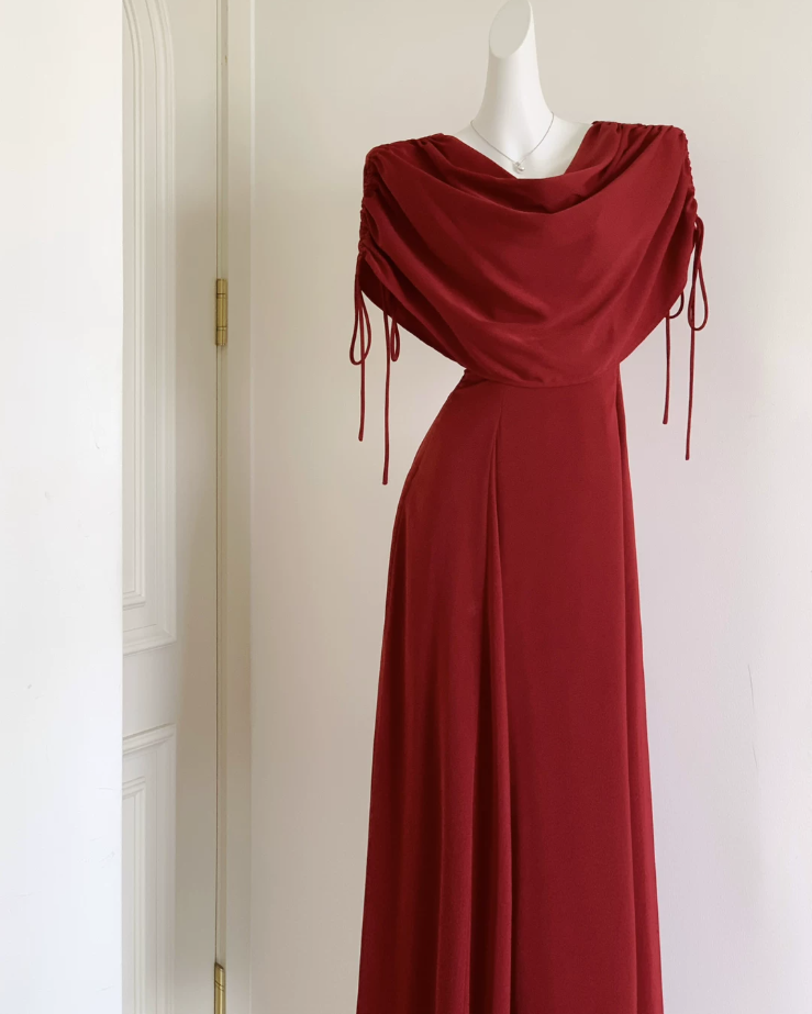 Classical Draped Neck Prom Dress Red A-Line Evening Dress D0051