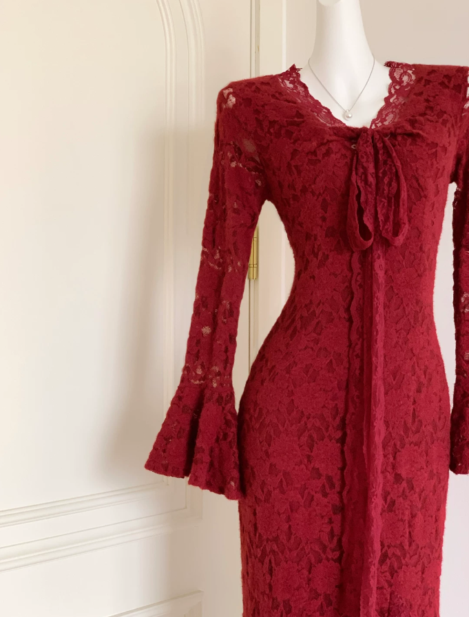 Glam V Neck Lace Prom Dress Long Sleeve Red Mermaid Evening Dress D0053