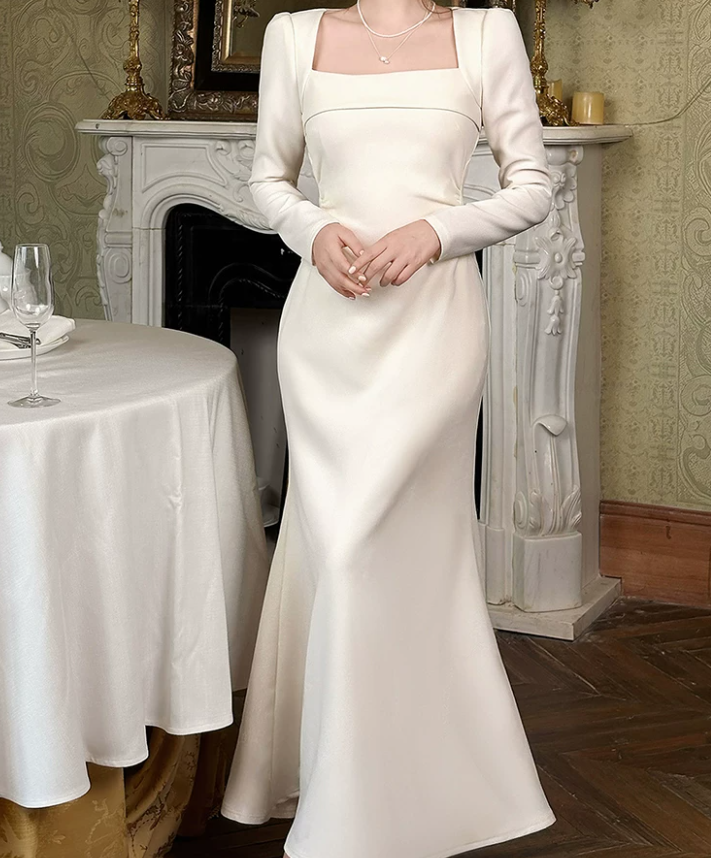 Vintage Square Neck White Prom Dress Long Sleeve Satin Mermaid Evening Dress D0063