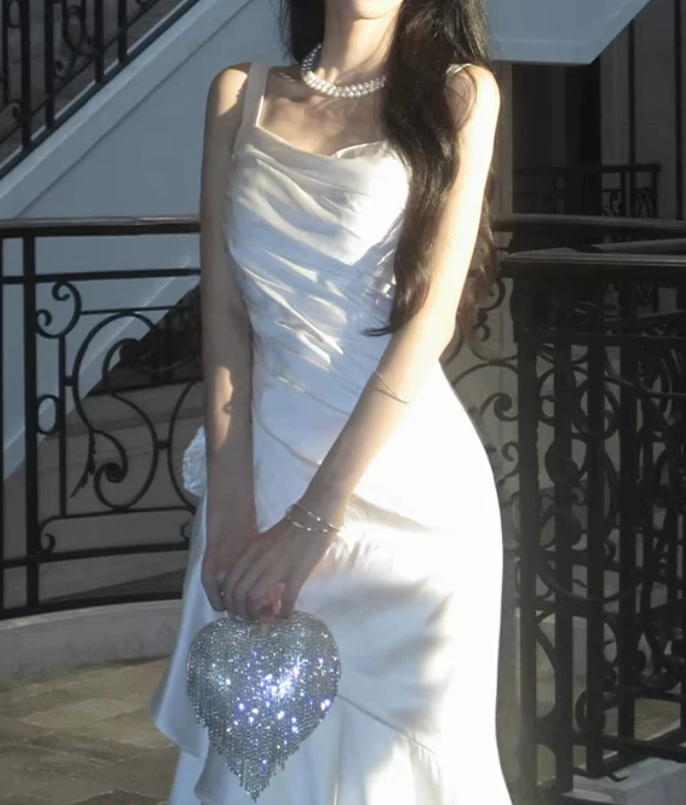 Playful Spaghetti Straps Prom Dress White Ruffles Mermaid Evening Dress D0074