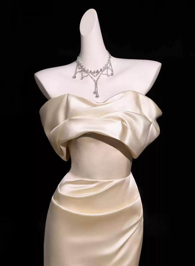 Simple Off-Shoulder Prom Dress Champagne Satin Mermaid Evening Dress D0080