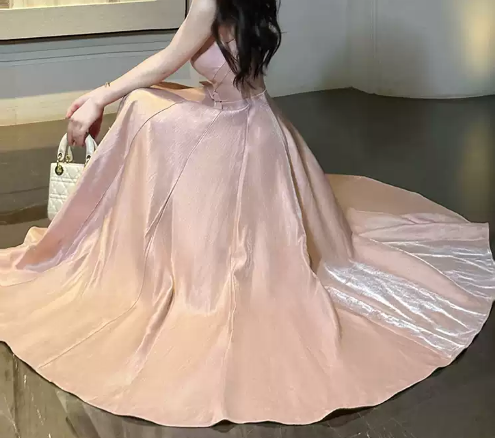 Elegant Spaghetti Straps Prom Dress Pink Bow A-Line Evening Dress D0091