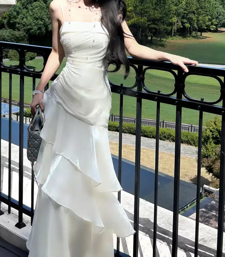 Unique Spaghetti Straps Maxi Dress White Ruffles Mermaid Long Dress D0094