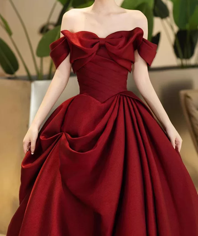 Trendy Off-Shoulder Prom Dress Red Bow Satin A-Line Evening Dress D0101