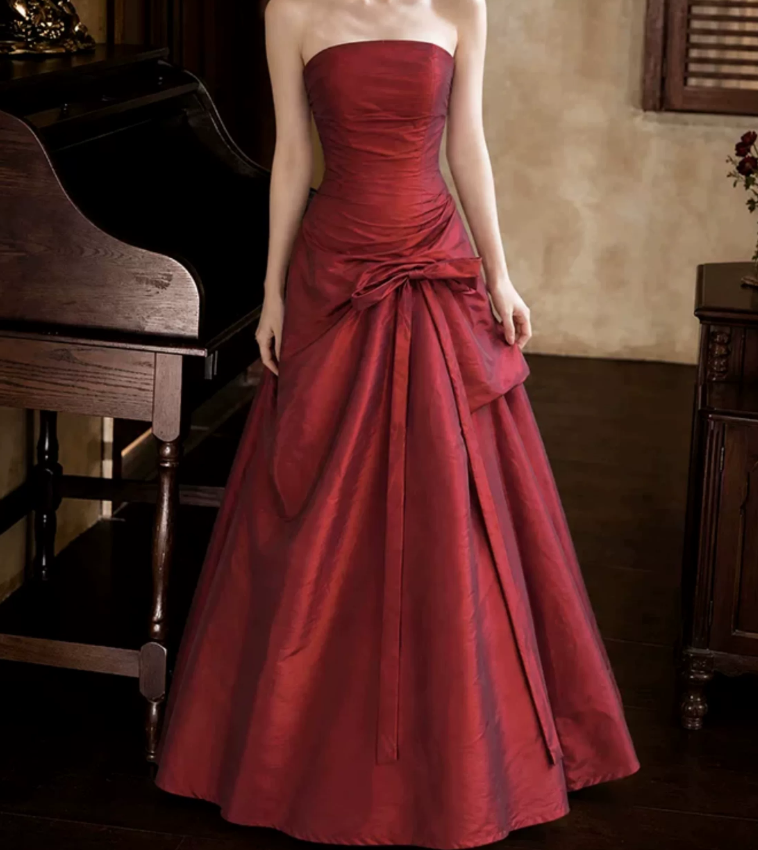 Vintage Strapless Prom Dress Red Satin A-Line Evening Dress D0104
