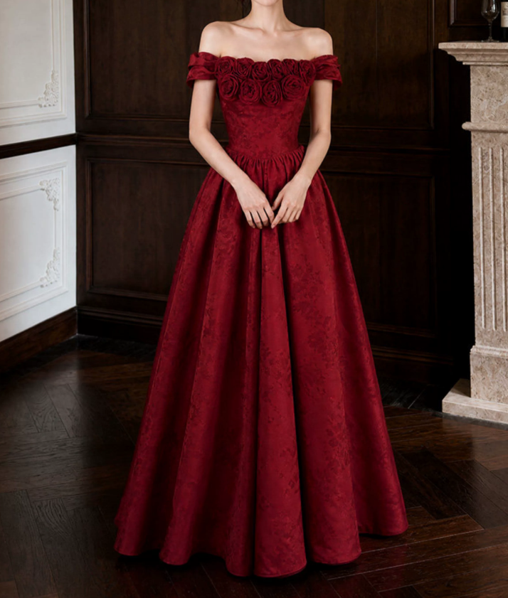 Classical Off-Shoulder Prom Dress Red Flowers A-Line Evening Dress D0106