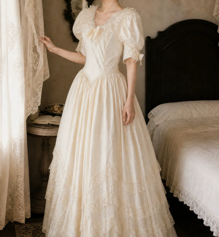Glam V Neck Lace Wedding Dresses Bows Short Sleeve A-Line Bridal Dress D0109