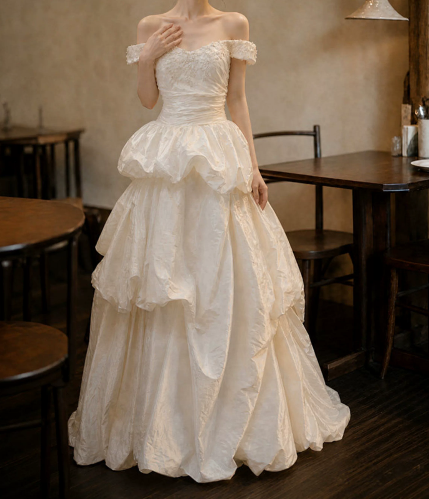 Cute Off-Shoulder Wedding Dresses Sequins Tiered A-Line Bridal Dress D0111