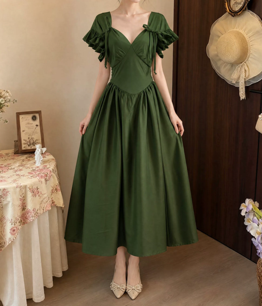 Glam V Neck Green Prom Dress Ruffles Bows A-Line Evening Dress D0112
