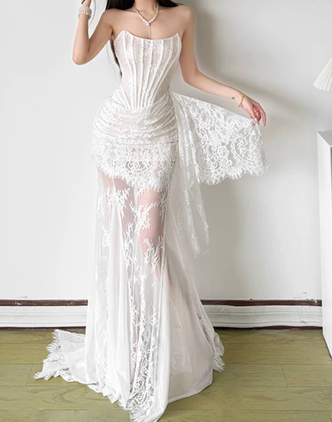 Classical Strapless Wedding Dresses Lace Mermaid Bridal Dress D0195