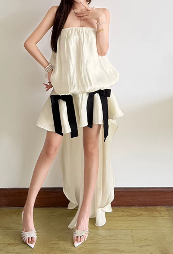 Flowy Strapless Mini Dress Bows A-Line Short Dress D0222